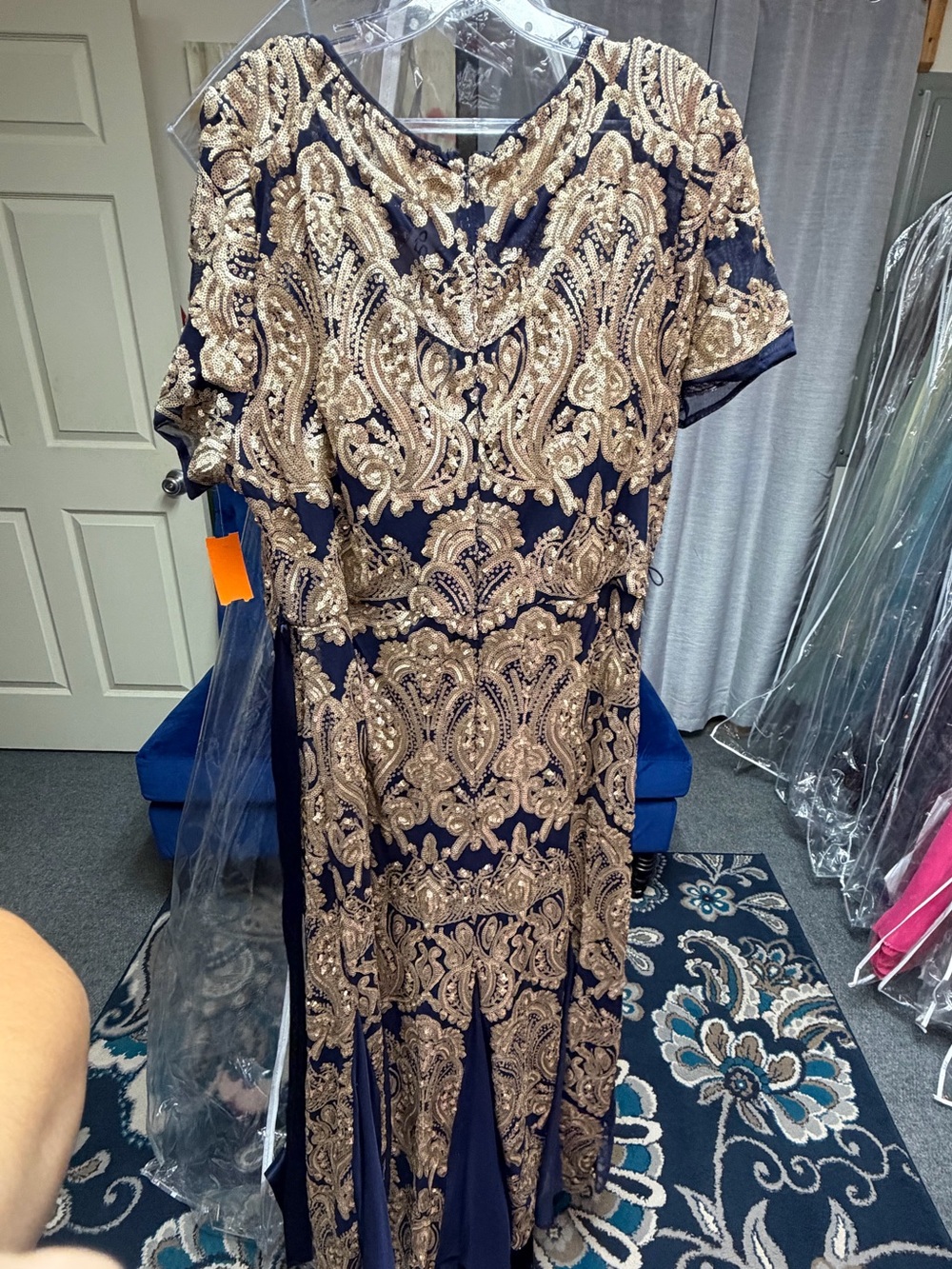 R&M Richards Navy Maxi Dress with Gold Embroidered Overlay